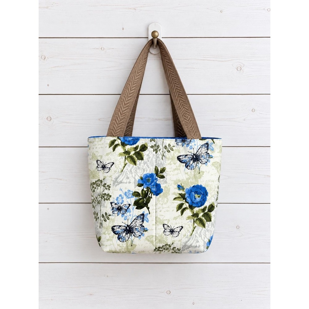 Handmade Blue Floral Butterfly Quilted Tote Bag Shoulder Bag